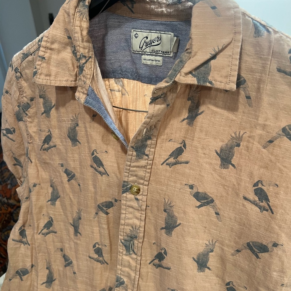 Grayers Peachy-Beige and Gray Bird Print 100% Cotton Button Down Shirt